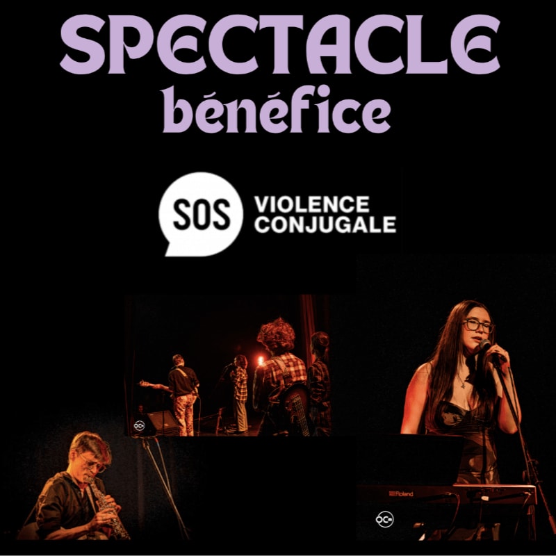A promotional poster for a benefit show features purple text and a logo against a black background, with three small photos of musical performers below.