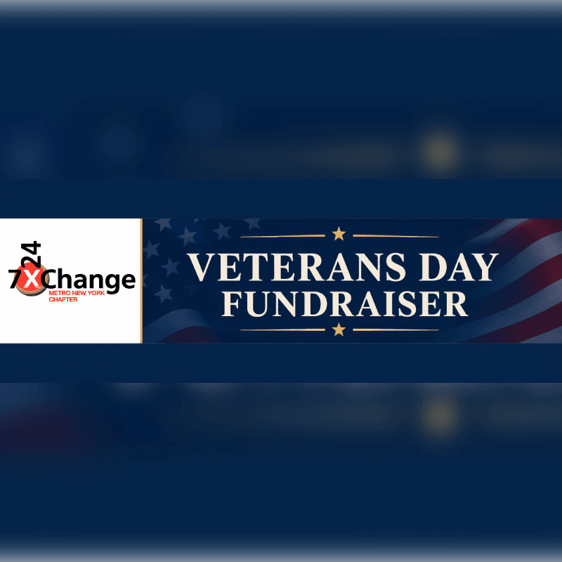 A "Veterans Day Fundraiser" banner with the 7xChange logo sits centered against a blurred dark blue background.