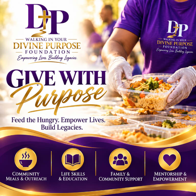 A person in a purple shirt and gloves holds a meal container in the foreground, with a blurred outdoor scene and promotional text for the Divine Purpose Foundation in the background.