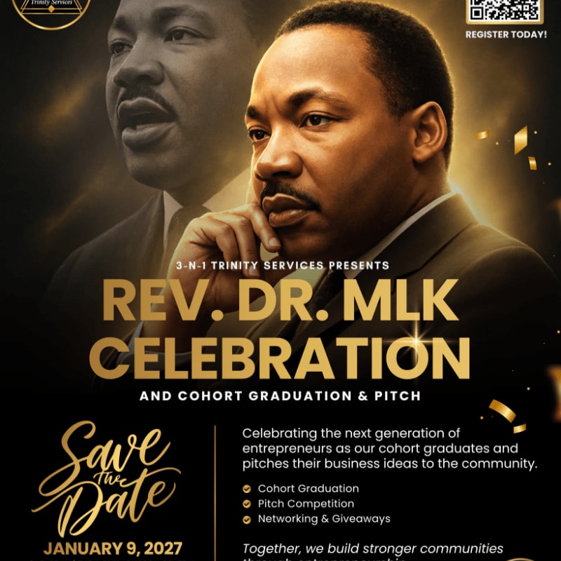 A promotional flyer for a Rev. Dr. MLK Celebration features a portrait of Martin Luther King Jr. in the foreground against a dark, golden-toned background with a secondary faded image of him.