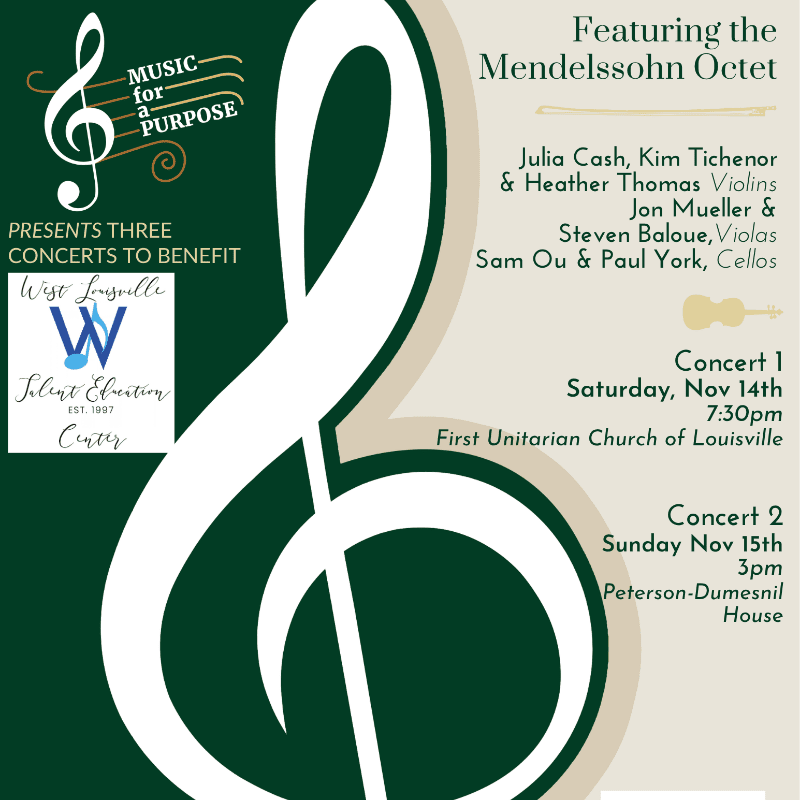 A large white treble clef dominates the foreground of a promotional flyer featuring concert details and performer names against a split green and beige background.