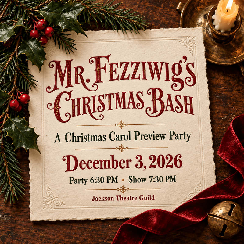 An invitation for "Mr. Fezziwig's Christmas Bash" sits on a wooden surface, surrounded by evergreen branches, red berries, a lit candle, and a velvet ribbon with a jingle bell.