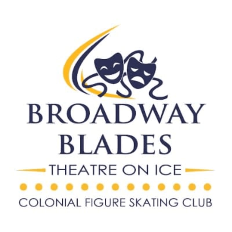 A logo featuring comedy and tragedy masks and the text "BROADWAY BLADES THEATRE ON ICE" for the Colonial Figure Skating Club set against a plain white background.