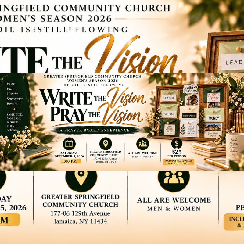 An event flyer for "Write the Vision, Pray the Vision" features a prayer board and floral accents in the foreground against a soft, blurred golden background.