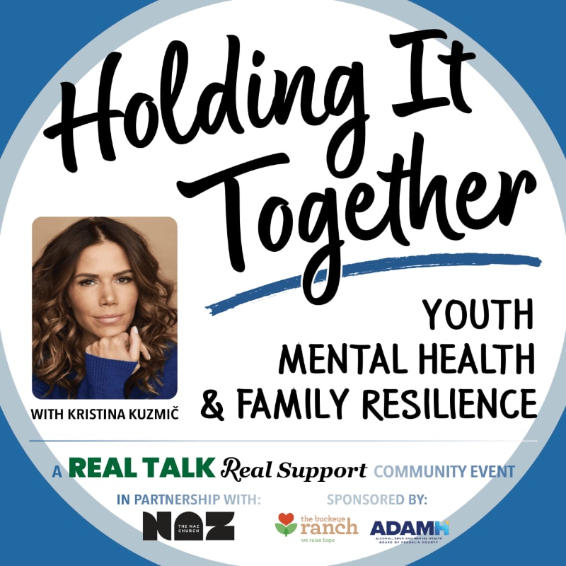 A promotional flyer for a youth mental health event featuring a portrait of Kristina Kuzmič and bold text against a white circular center and blue background.