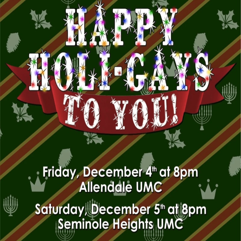 Colorful, sparkling text reading "HAPPY HOLI-GAYS TO YOU!" sits on a red ribbon over a green striped background featuring holiday icons and event details.