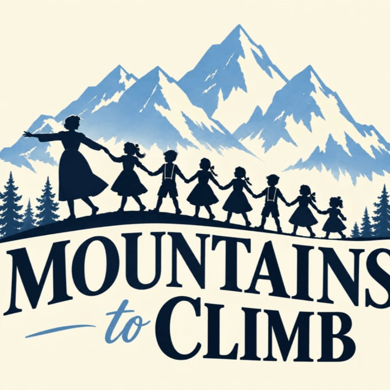 A line of silhouetted children and a woman hold hands in the foreground against a backdrop of blue snow-capped mountains and pine trees.