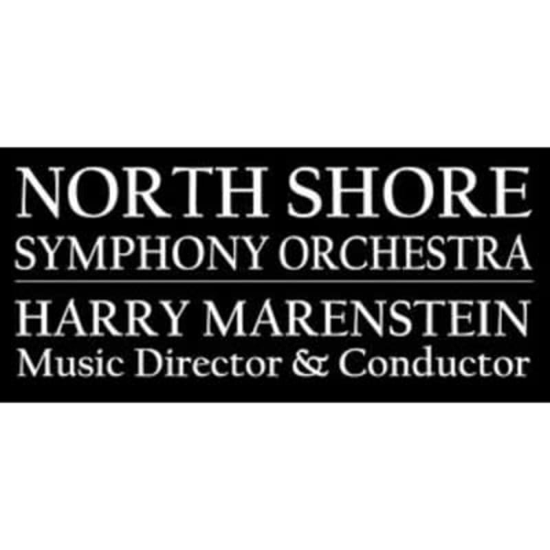White text on a black background announces "NORTH SHORE SYMPHONY ORCHESTRA" above "HARRY MARENSTEIN Music Director & Conductor."