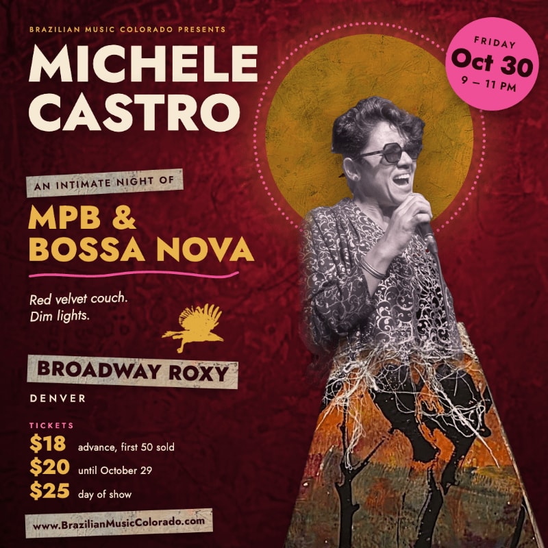 A woman singing into a microphone stands in the foreground against a red textured background with a large yellow circle and event text.