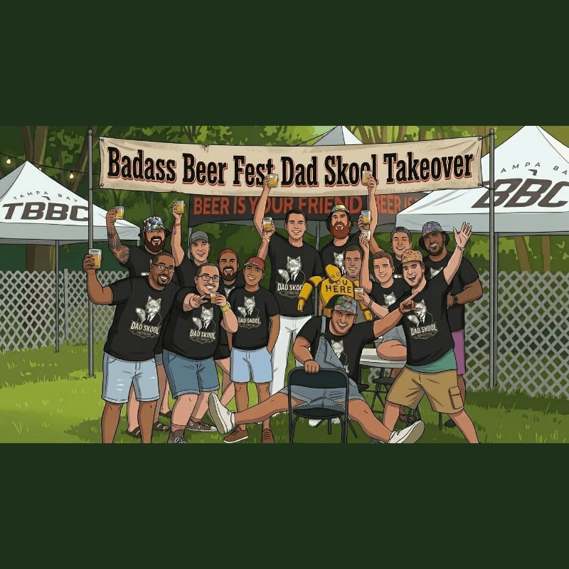 A group of men in matching "Dad Skool" t-shirts pose with beers in the foreground under a large banner, with white event tents and a fence in the background.