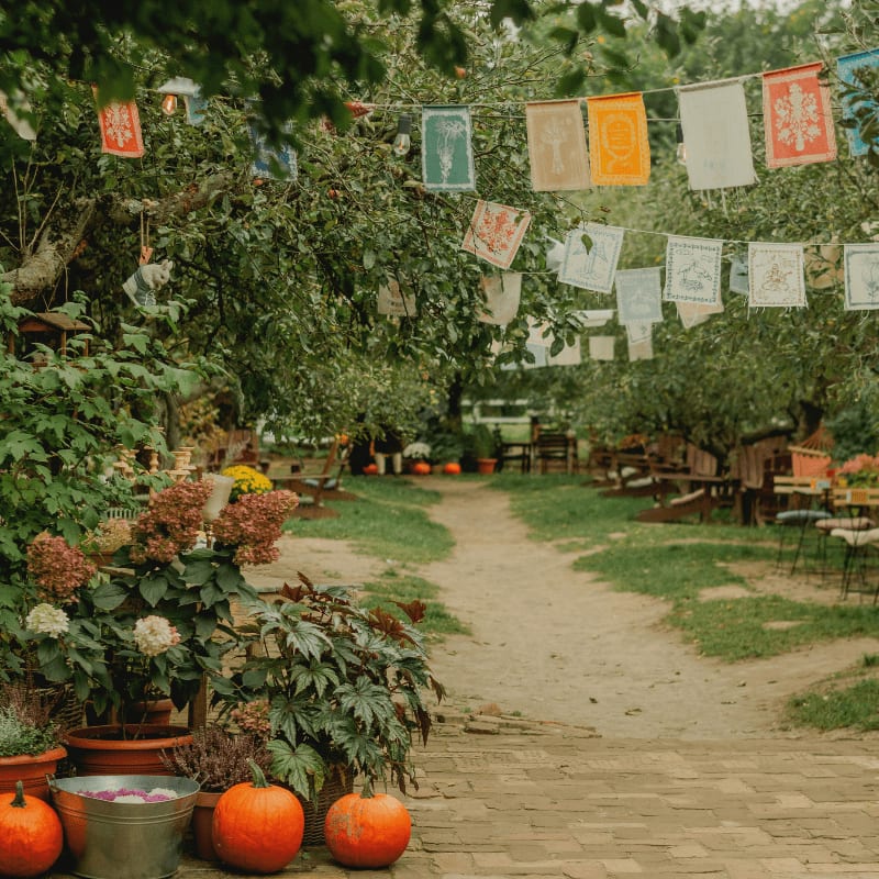Outdoor autumn festival with pumpkins and bunting