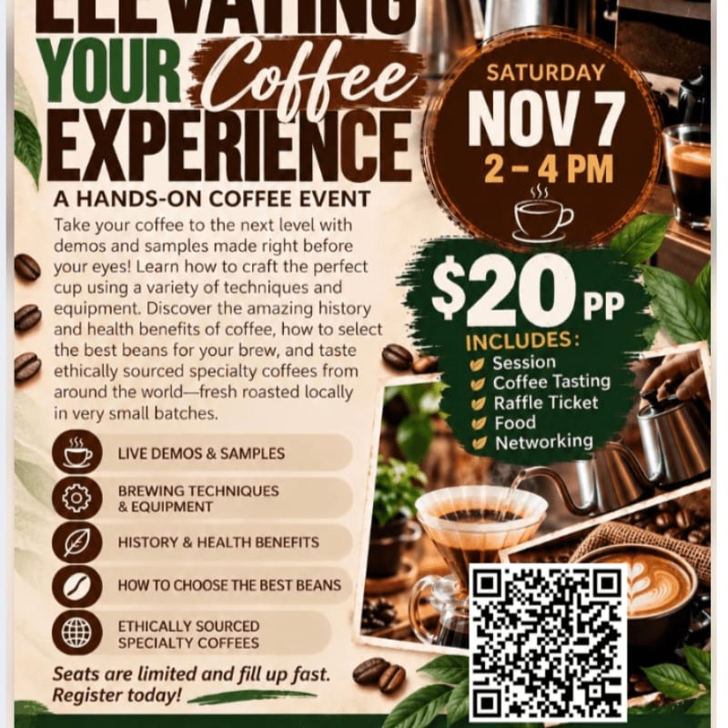 A promotional flyer for a hands-on coffee event features detailed text and a price tag in the foreground, set against a background of coffee brewing equipment and roasted beans.