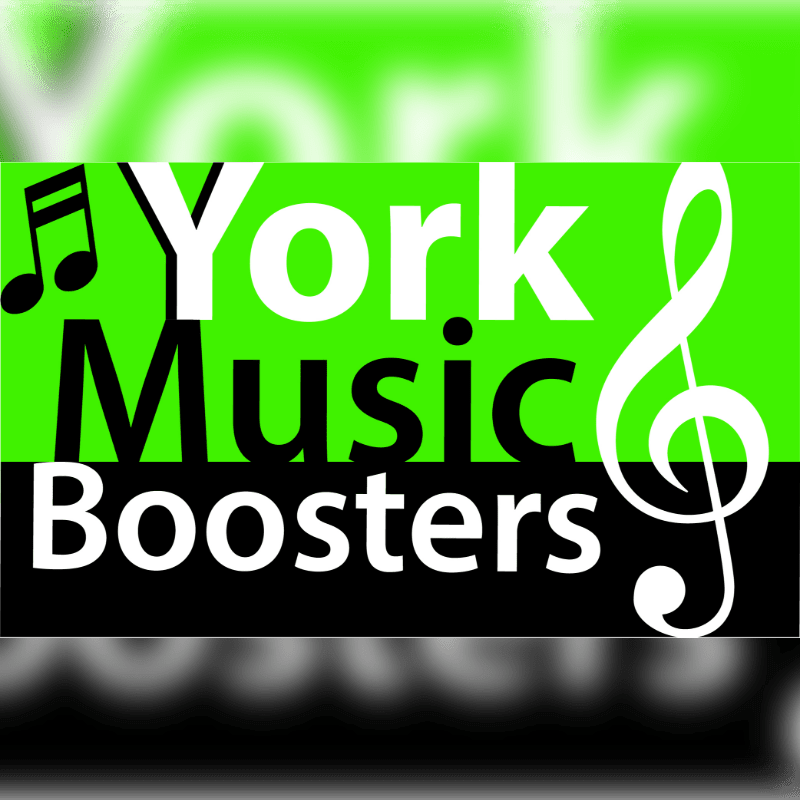 The text "York Music Boosters" and musical symbols are displayed in the foreground against a bright green and black background.