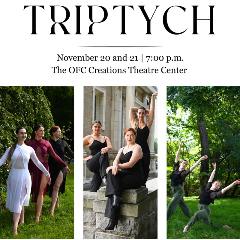Three separate photos of women in black and white dance attire are positioned below event text, featuring backgrounds of lush green foliage and a stone building.
