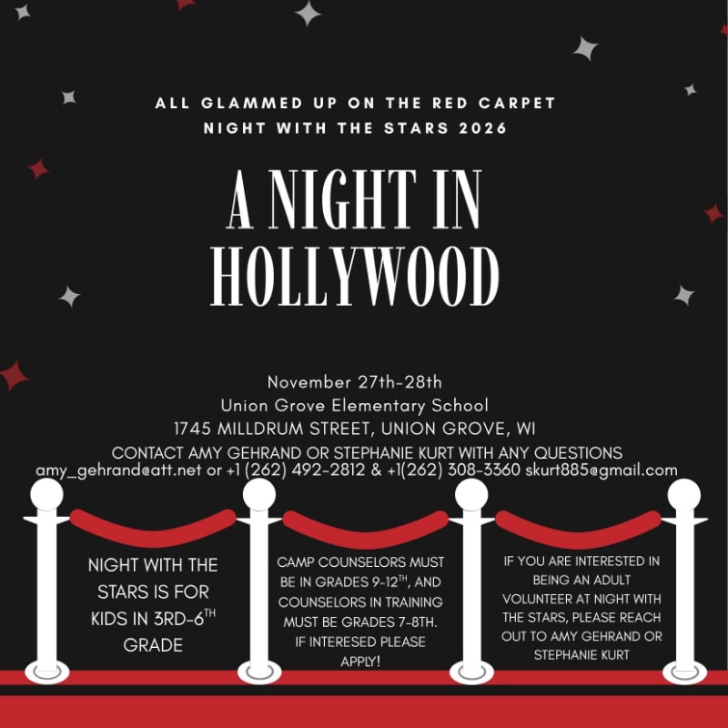 White text and event details for "A Night in Hollywood" are set against a black background decorated with stars and a red carpet stanchion.