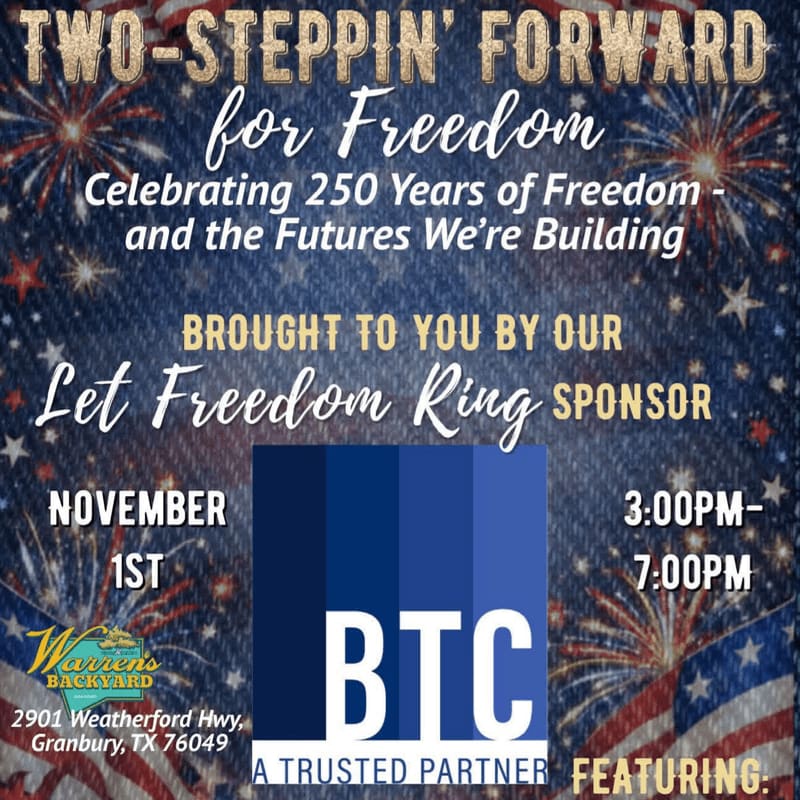Event text and a BTC logo are layered over a background of fireworks and a waving American flag.