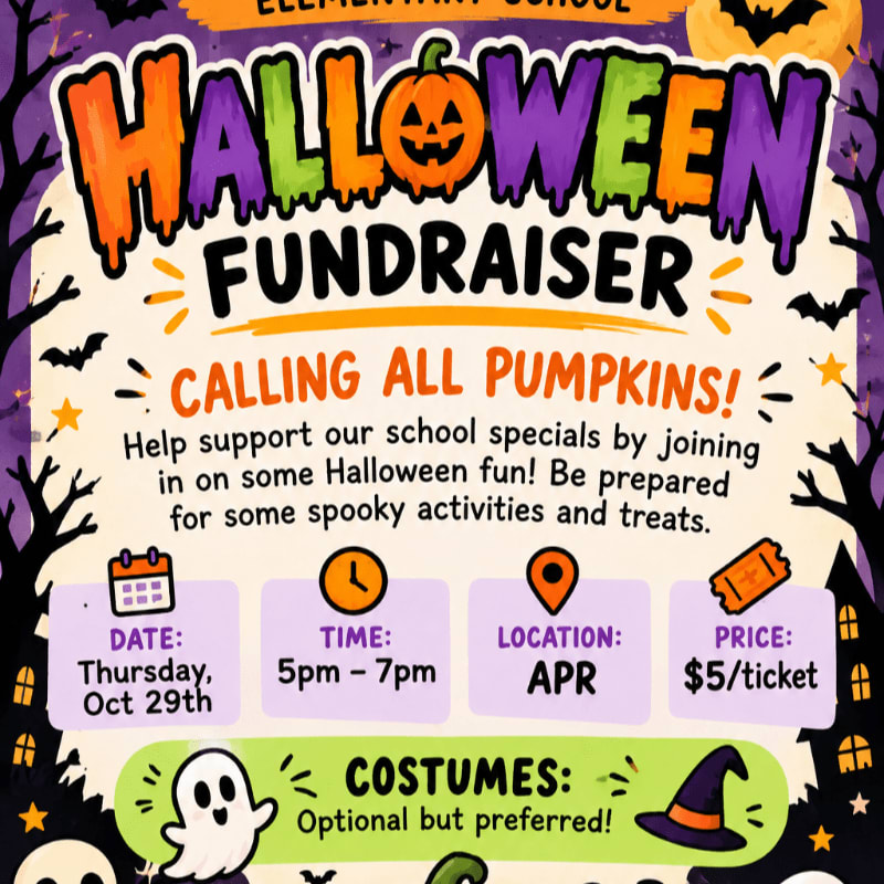 A colorful Halloween fundraiser flyer features bold, dripping text and event details in the foreground against a spooky purple background with bats and silhouettes of bare trees.