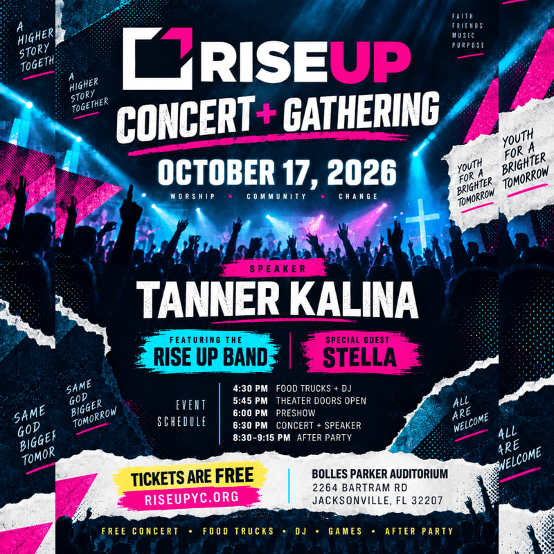 A promotional flyer for the "Rise Up Concert + Gathering" featuring Tanner Kalina and Stella is set against a background of a cheering crowd under blue and pink stage lights.