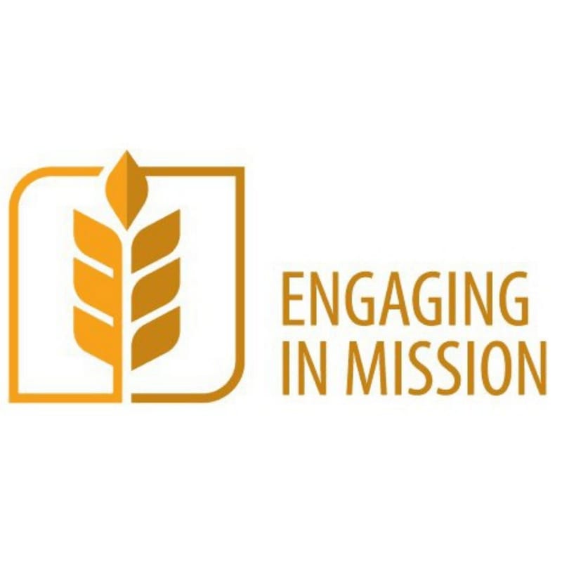 A golden wheat stalk icon and the text "ENGAGING IN MISSION" are set against a plain white background.