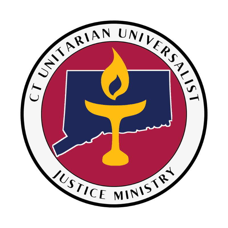 A circular logo featuring a yellow chalice and flame over a blue silhouette of Connecticut on a maroon background, surrounded by a white border with the text "CT UNITARIAN UNIVERSALIST JUSTICE MINISTRY."