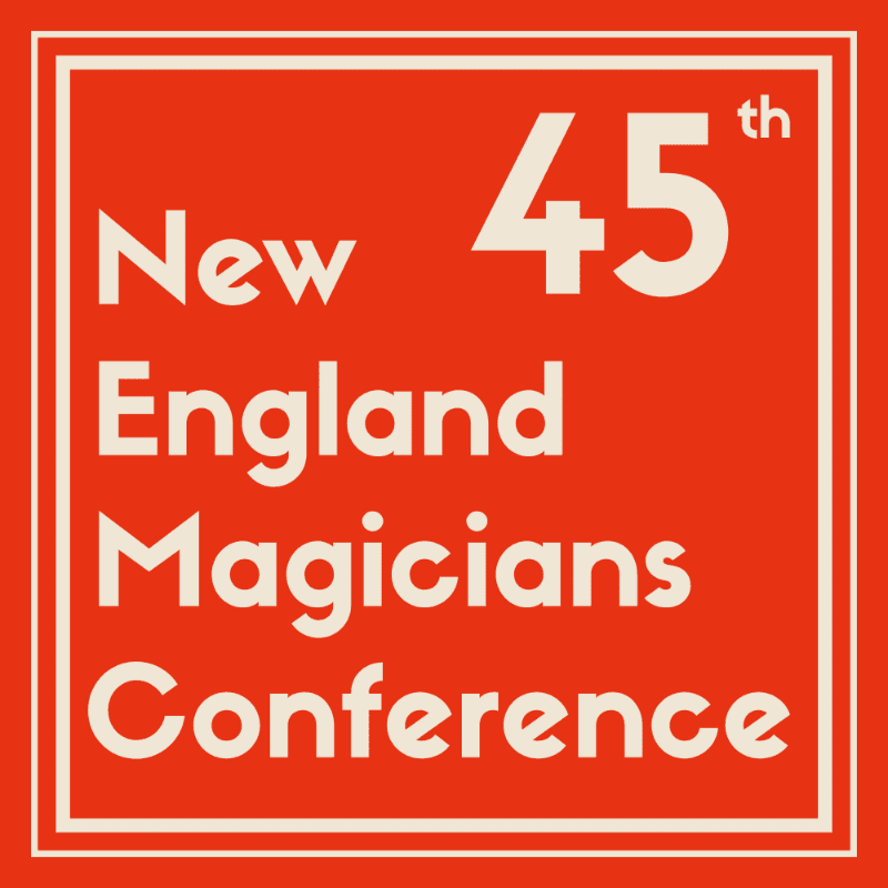 White text reading "New England Magicians Conference 45th" is centered within a white-bordered red square.