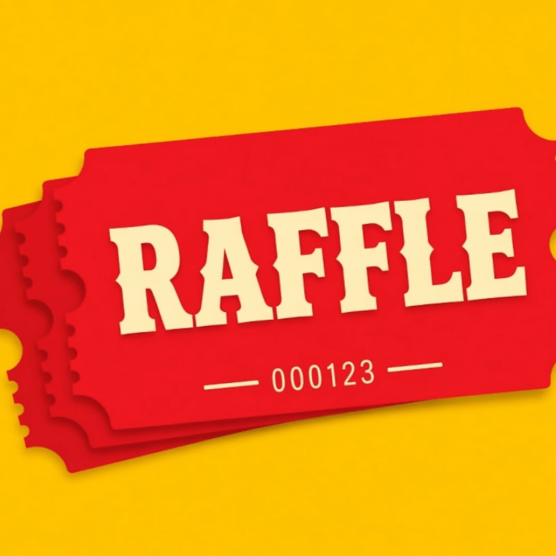 A stack of red raffle tickets with white text sits against a solid yellow background.