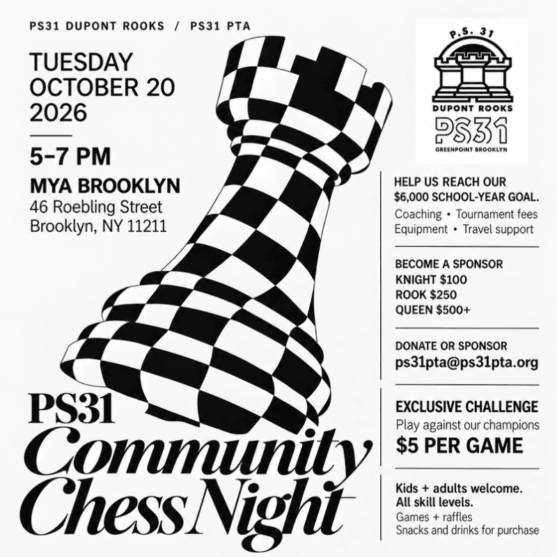 A large black and white checkered rook stands in the foreground of a promotional flyer for a community chess night, set against a white background with event details and logos.