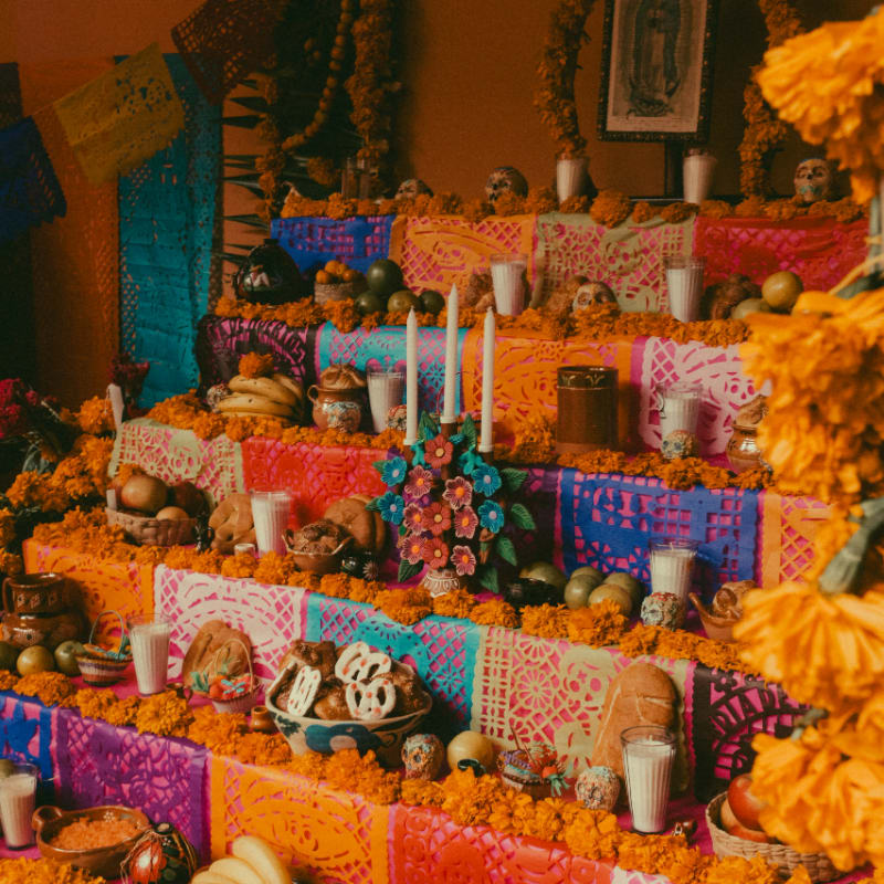 a display of skulls, candles, and decorations