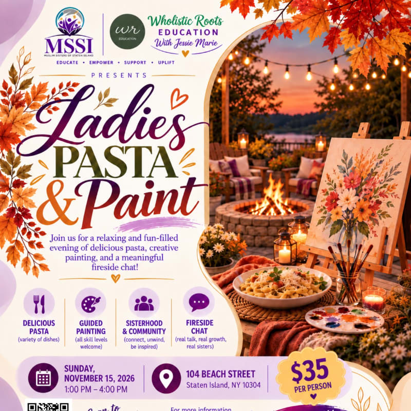 A promotional flyer for a "Ladies Pasta & Paint" event features event details on the left and a cozy outdoor evening scene with a fire pit, pasta, and an easel in the background.