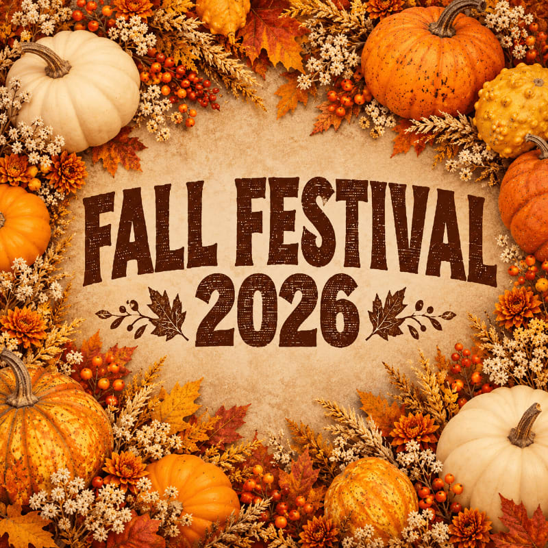 The text "FALL FESTIVAL 2026" is centered in the foreground, surrounded by a border of pumpkins, autumn leaves, and berries against a textured parchment background.
