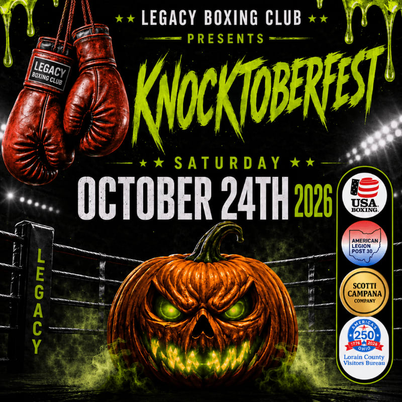 A glowing, menacing jack-o'-lantern sits in a boxing ring foreground, while red boxing gloves and "Knocktoberfest" event text dominate the dark background.