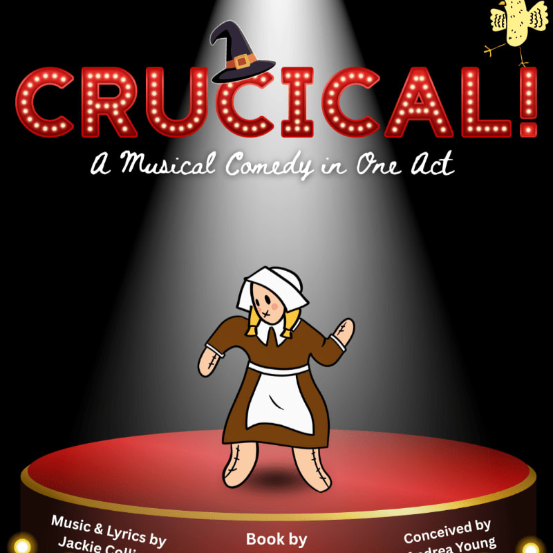 A cartoon woman in a Puritan dress stands on a red circular stage under a spotlight, with the word "CRUCICAL!" in bright marquee letters and a black background.