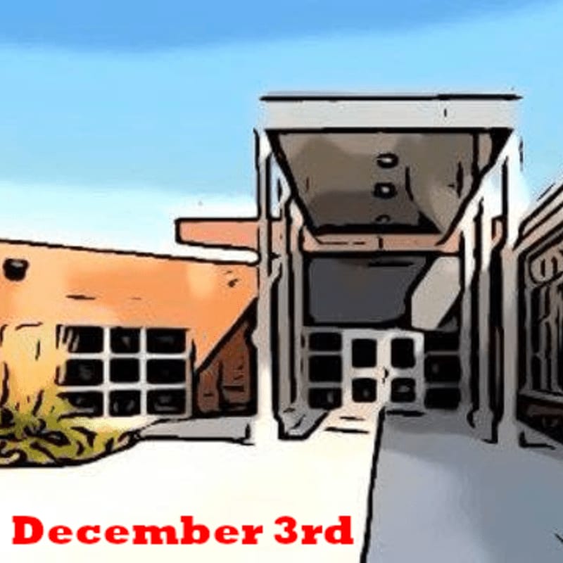A stylized building entrance with a covered walkway stands under a clear blue sky, with the text "December 3rd" written in red in the foreground.