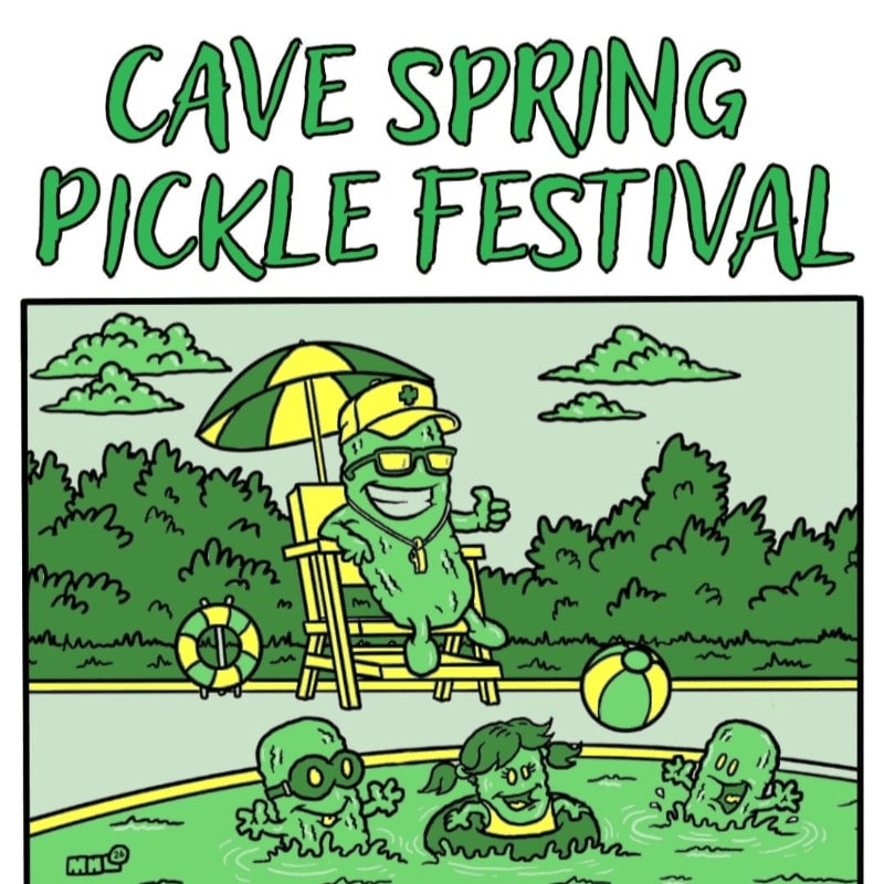 A pickle lifeguard relaxes under an umbrella by a pool where three cartoon children swim, with a lush green forest in the background.