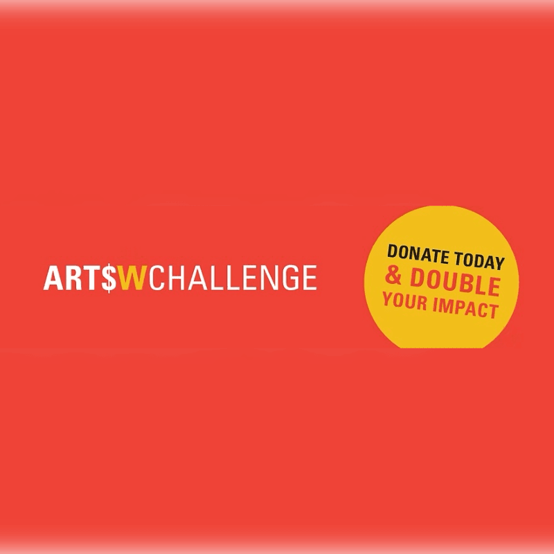 White and yellow text reading "ART$WCHALLENGE" and a yellow circle with donation text sit against a solid red background.