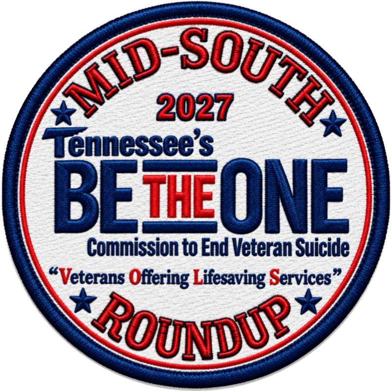 A circular embroidered patch features the text "MID-SOUTH ROUNDUP" and "Tennessee's BE THE ONE Commission to End Veteran Suicide" in red and blue lettering against a white background.