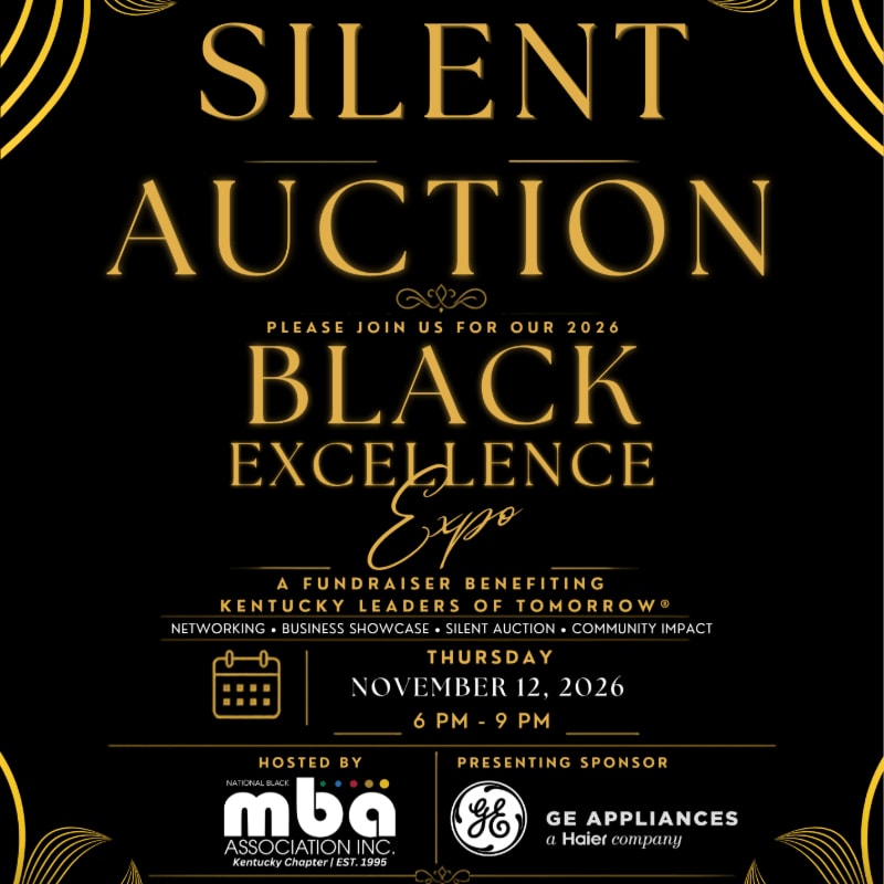 Gold and white text announcing a silent auction for the 2026 Black Excellence Expo is centered against a black background with gold Art Deco accents.
