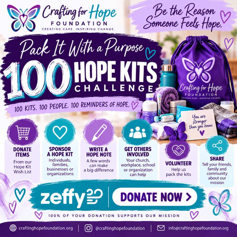 A promotional flyer for the "100 Hope Kits Challenge" features colorful text and donation options in the foreground, with a purple drawstring bag and care items in the background.