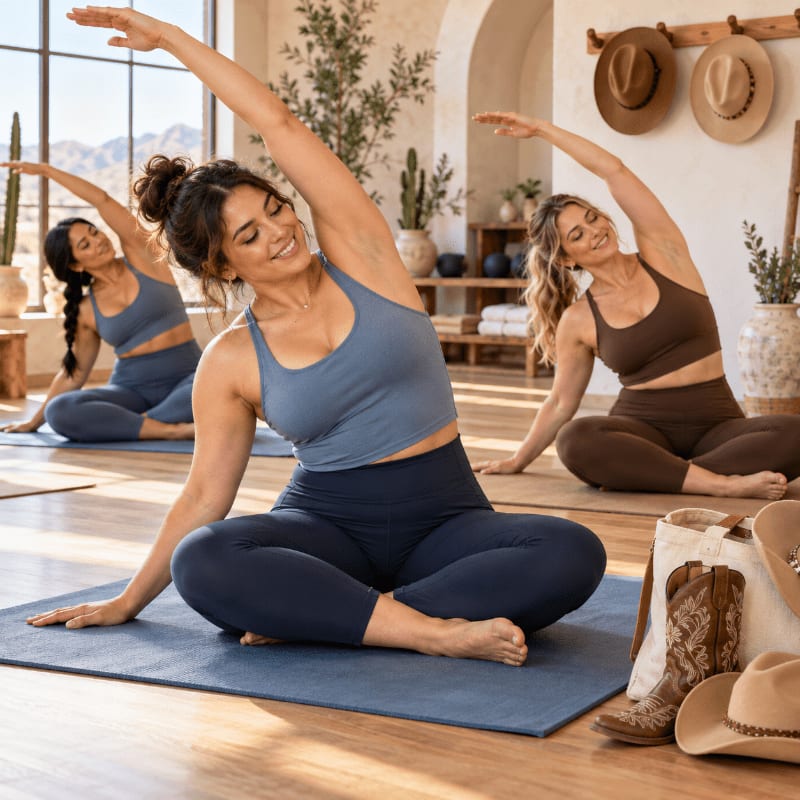 Three women in athletic wear perform side stretches on yoga mats in a sunlit, rustic studio decorated with cacti and cowboy hats.