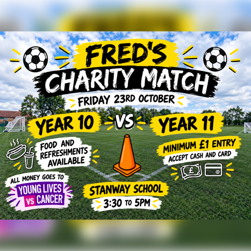A promotional flyer for "Fred's Charity Match" featuring bold text and soccer graphics in the foreground over a background of a green grass sports field under a blue sky.