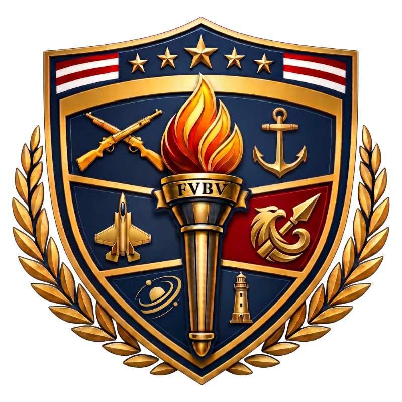 A golden torch with a flaming top and "FVBV" text stands in the foreground of a blue and red shield featuring military symbols, set against a plain white background.