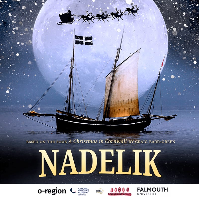 A sailing ship with a Danish flag floats on calm water in the foreground, set against a massive full moon and a starry sky where Santa's sleigh flies overhead.