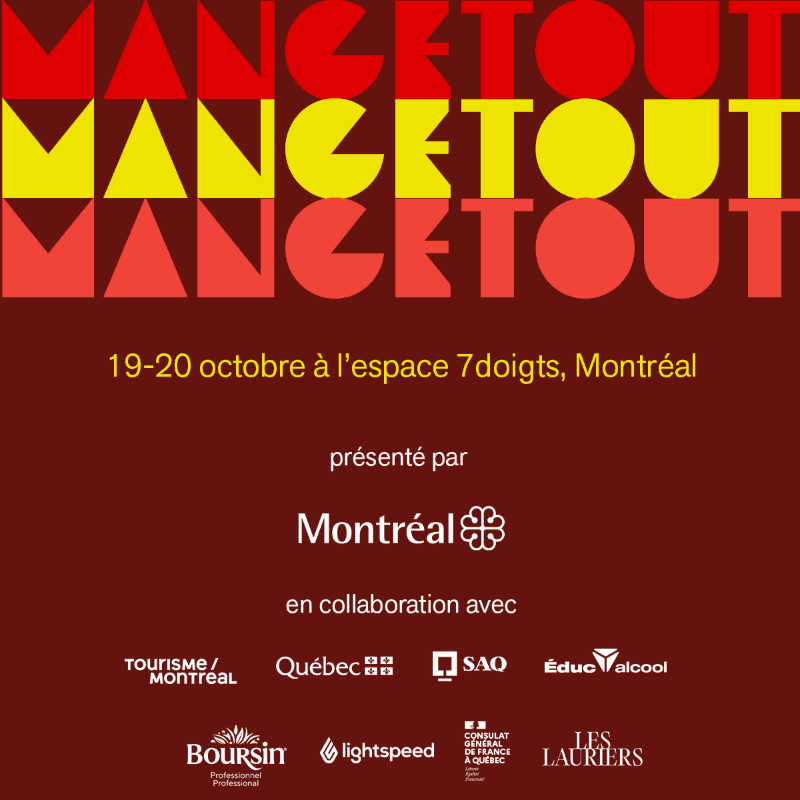 Yellow and red "MANGETOUT" text dominates the top foreground against a dark red background featuring event details and various corporate logos.
