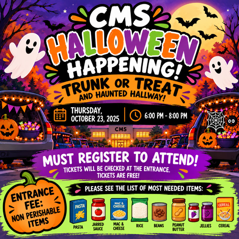 A colorful Halloween event flyer features ghosts, bats, and a full moon in the background, with decorated cars and a list of requested food donations in the foreground.