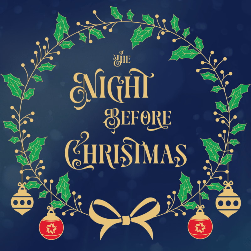Gold text reading "The Night Before Christmas" is encircled by a festive holly wreath with red and gold ornaments against a dark blue bokeh background.