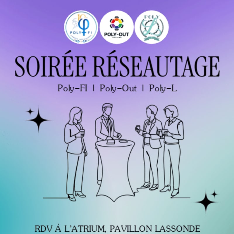 Line drawings of people networking around a high table are set against a purple and blue gradient background featuring logos and the text "SOIRÉE RÉSEAUTAGE."