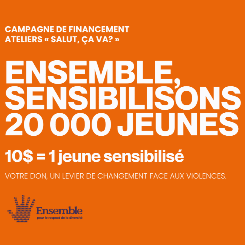 White and yellow French text promoting a fundraising campaign for youth awareness is set against a solid orange background.