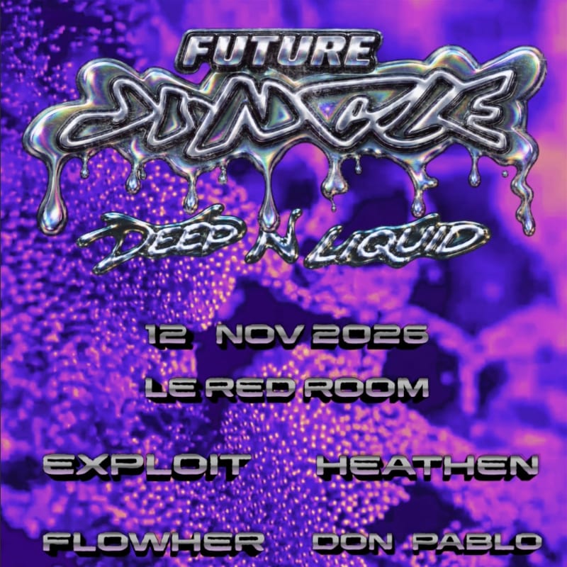 Metallic, liquid-style text promoting a "Future Jungle" event sits atop a shimmering, purple textured background.