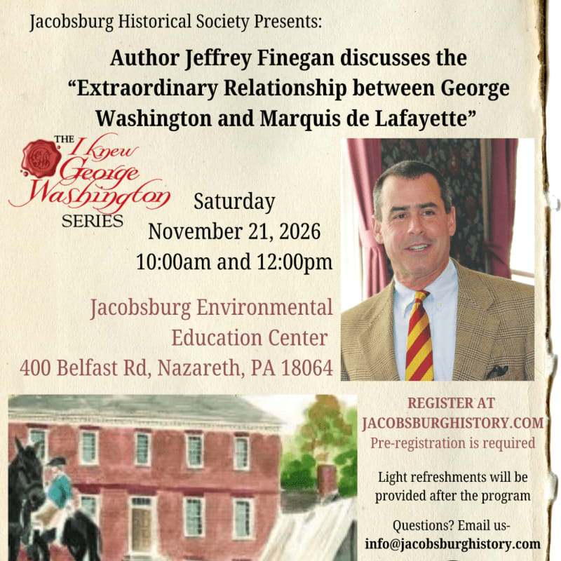 An event flyer featuring text and a portrait of Jeffrey Finegan in the foreground, set against a plain white background with an illustration of a red building at the bottom.