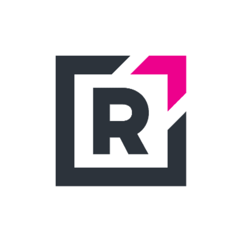 A dark grey letter "R" is centered within a stylized square frame featuring a pink accent, all set against a plain white background.